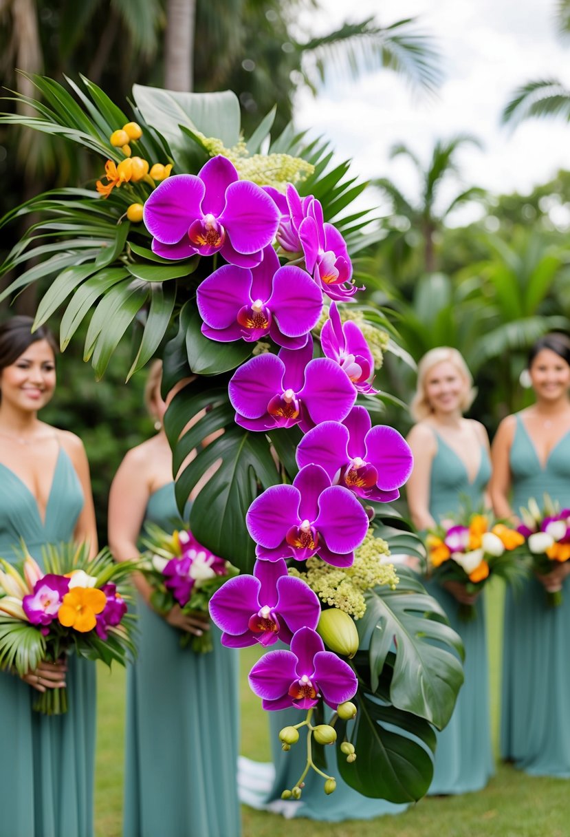 Vibrant tropical orchids intertwined with lush greenery in a cascading bridal bouquet, with smaller coordinating bouquets for the bridesmaids