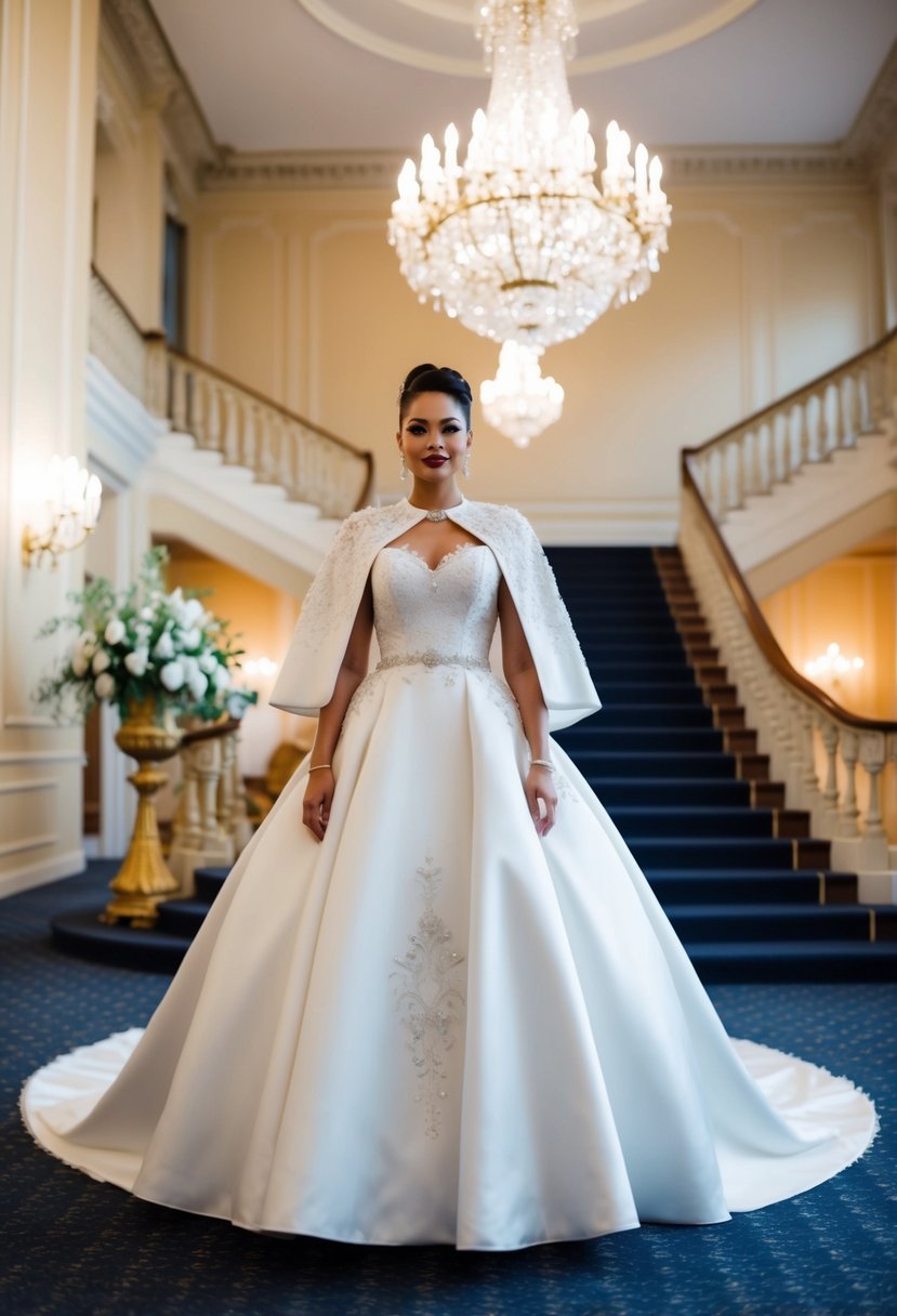 A bride in an 80s style wedding dress wearing a statement bridal cape, standing in a grand ballroom with ornate chandeliers and a sweeping staircase