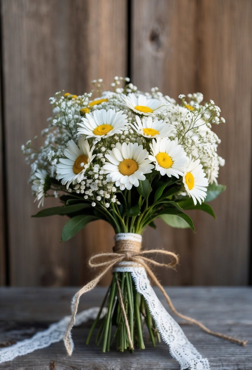 A rustic bouquet featuring delicate daisies and baby's breath, tied with lace and twine