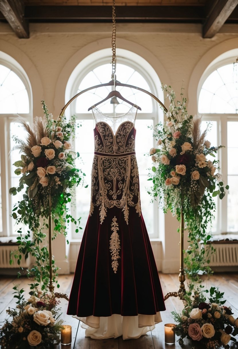 A vintage velvet wedding dress with intricate lace details hangs on a dress form, surrounded by antique accessories and floral arrangements