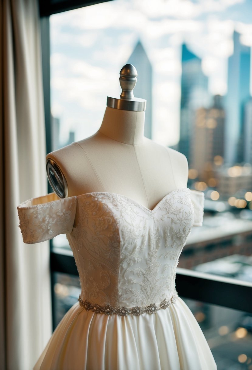 An elegant off-the-shoulder 80s style wedding dress on a mannequin