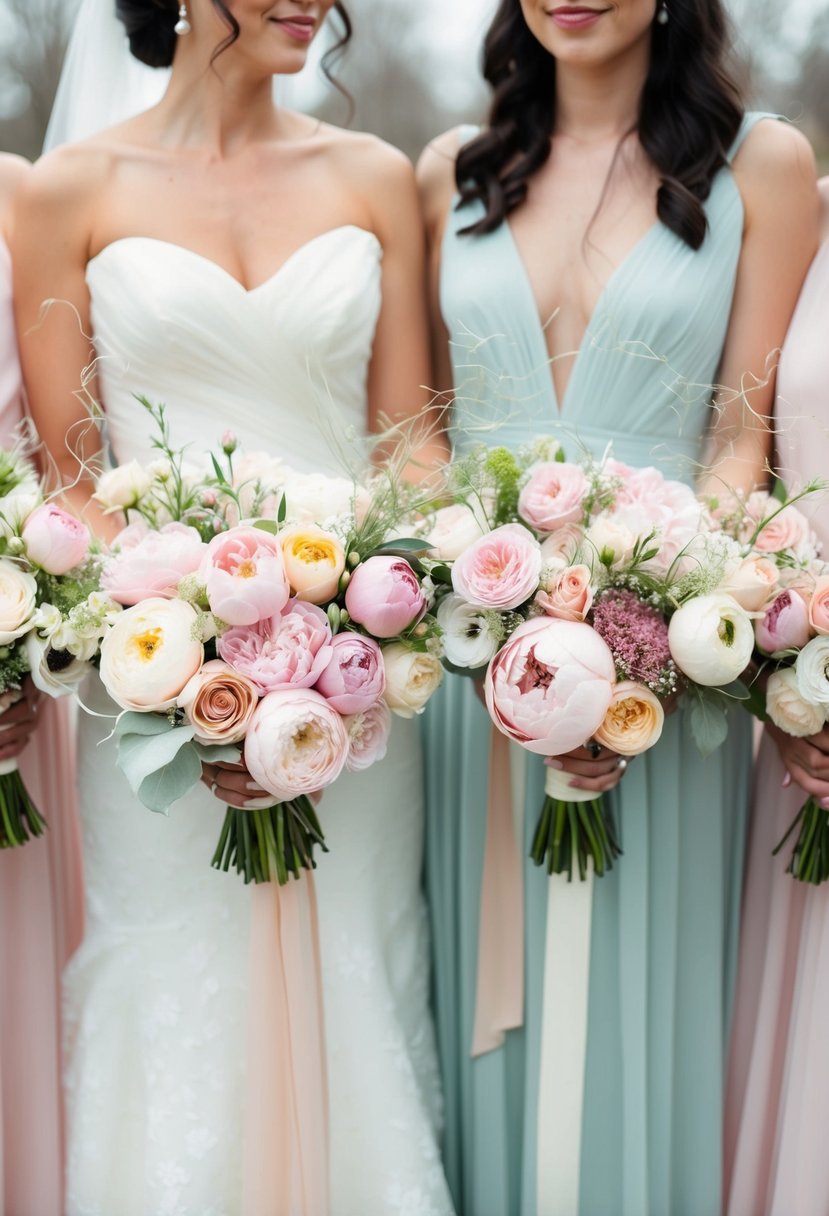 A bride and her bridesmaid hold pastel-colored bouquets, featuring delicate roses, peonies, and ranunculus, accented with wispy greenery