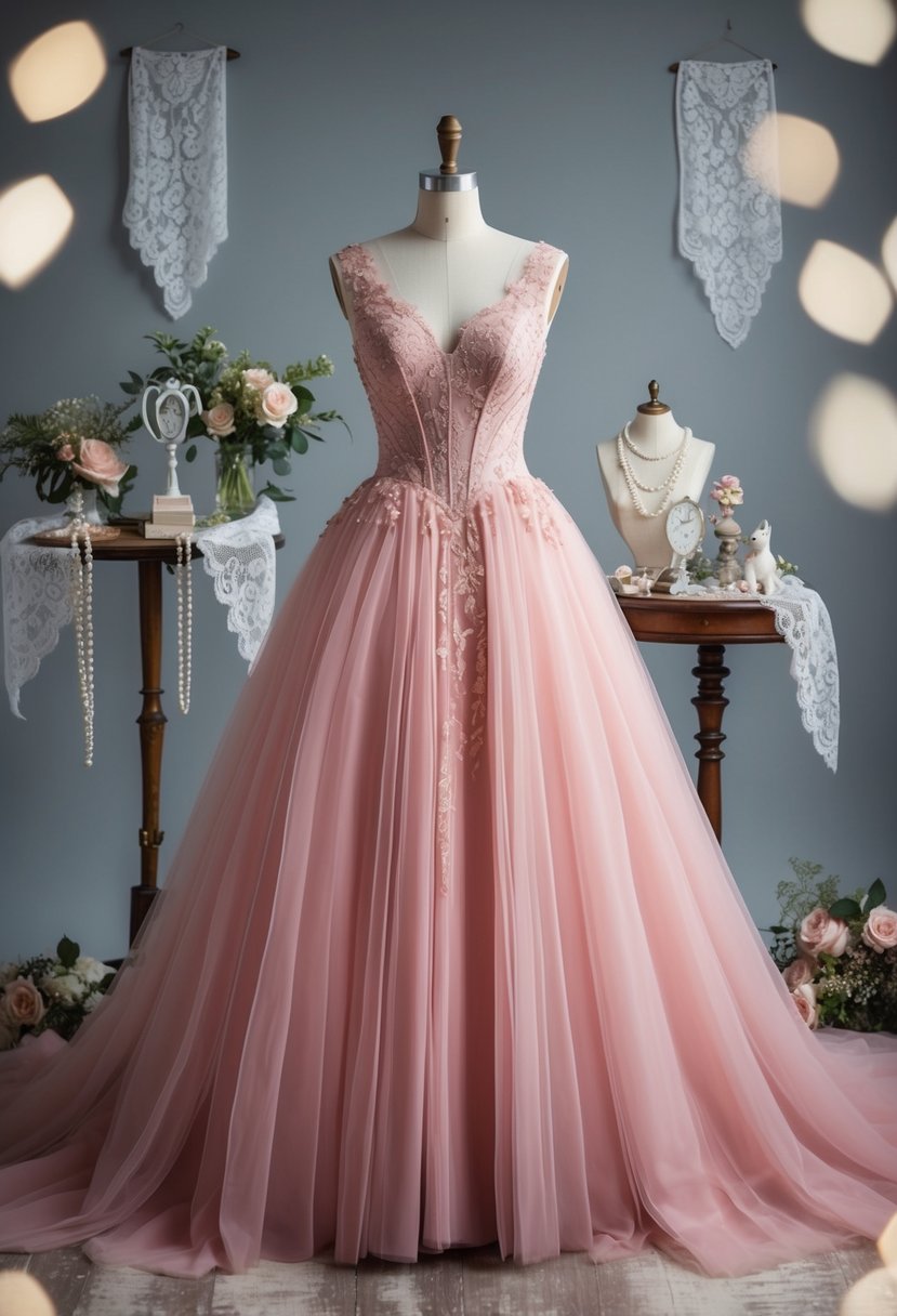 A blush pink tulle princess gown draped over a vintage mannequin, surrounded by 1930s style wedding accessories and delicate lace details