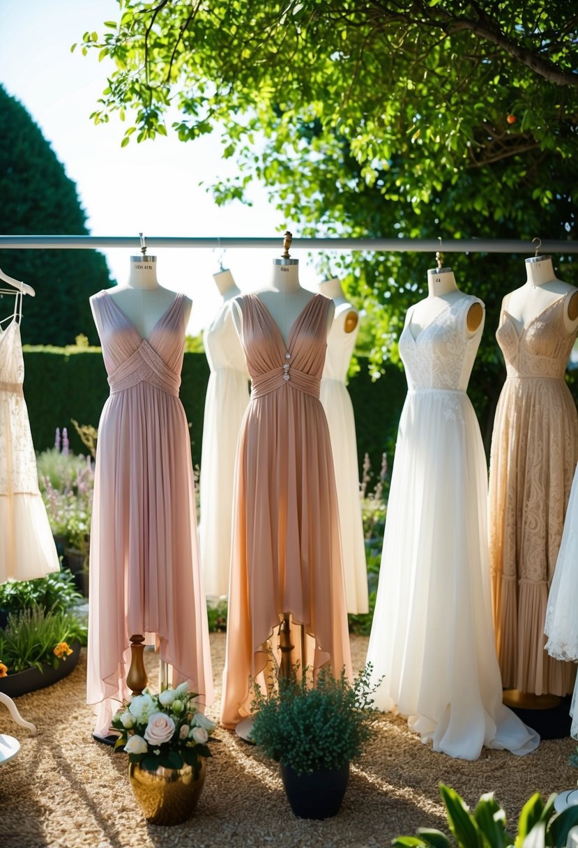 A sunlit garden with boho-inspired flowy dresses on mannequins, surrounded by vintage 80s wedding dress ideas on display