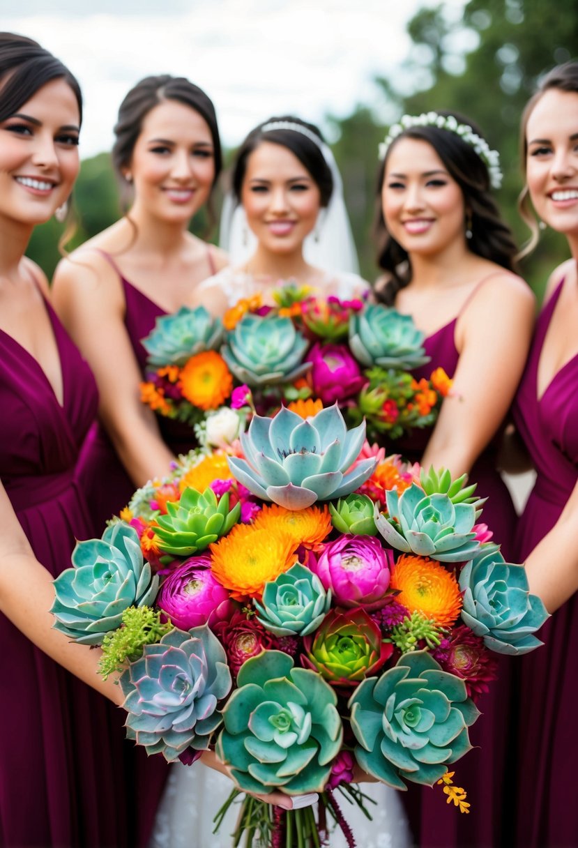 A colorful array of succulents and vibrant flowers arranged in a wedding bouquet, with the bride and bridesmaids holding them