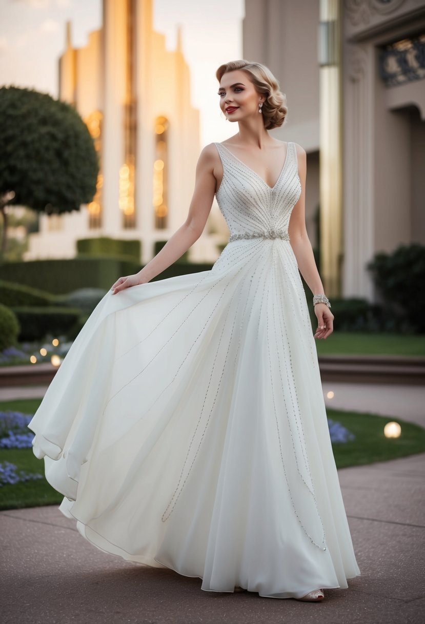 A 30s-style wedding dress with crystal beading, flowing in an A-line silhouette, set against a backdrop of art deco architecture and vintage glamour