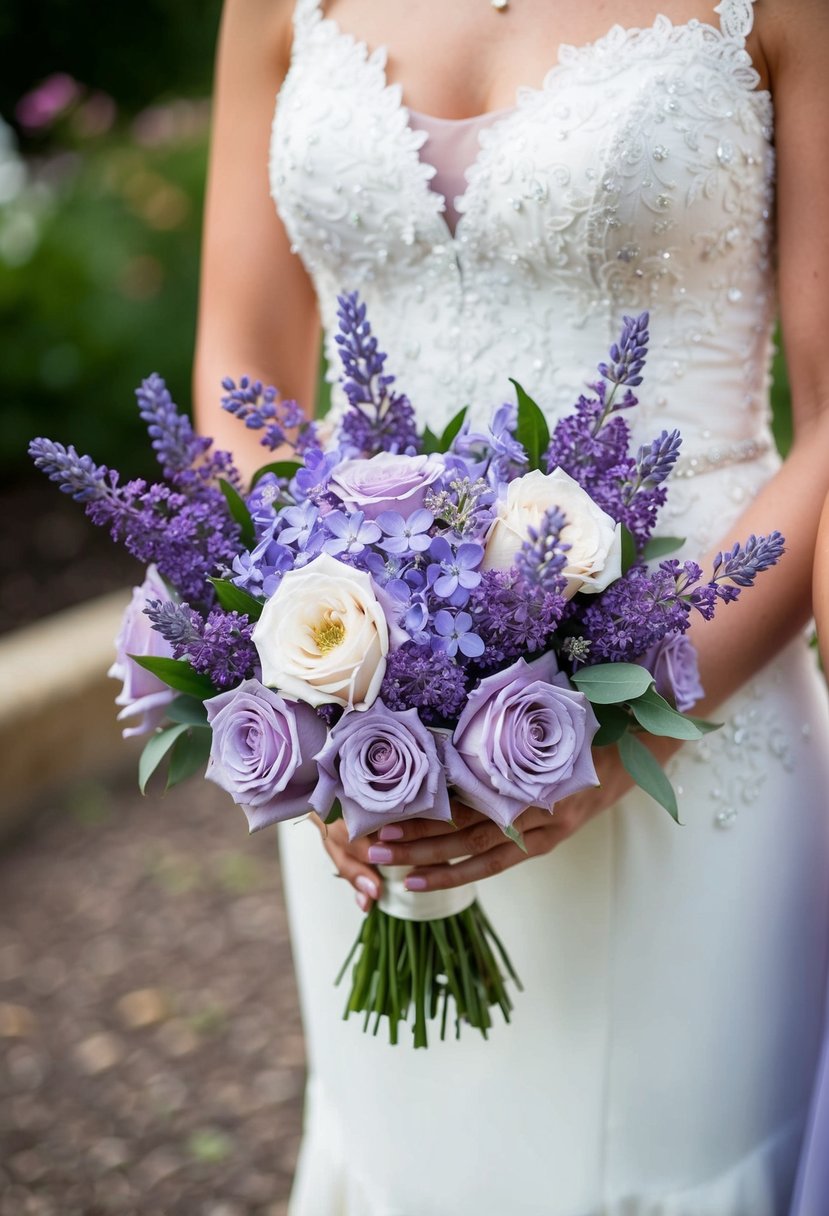 A bride's bouquet of lavender and lilac flowers, with a matching smaller bouquet for the bridesmaid