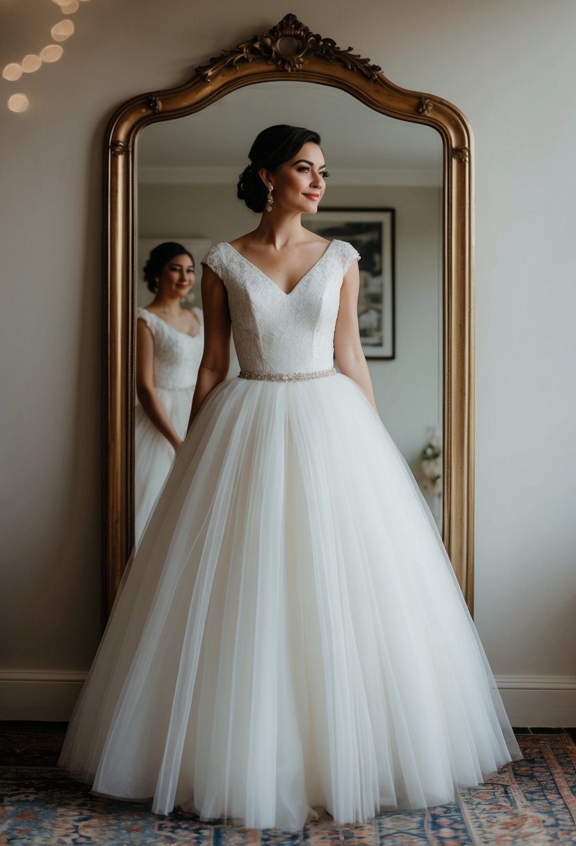 A bride wearing a classic 80s style wedding dress with a full tulle skirt, standing in front of a vintage mirror