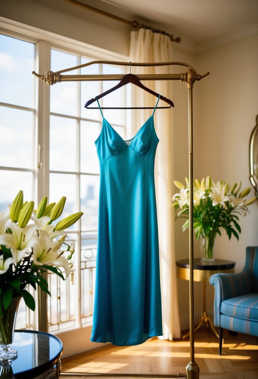 A silk slip dress hangs on a vintage coat rack in a sunlit room with art deco furniture and a vase of lilies