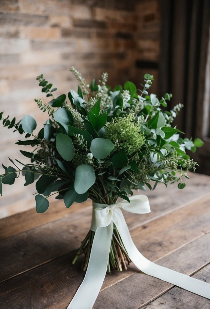 A lush bouquet of greenery and eucalyptus, tied with a delicate ribbon, sits on a rustic wooden table