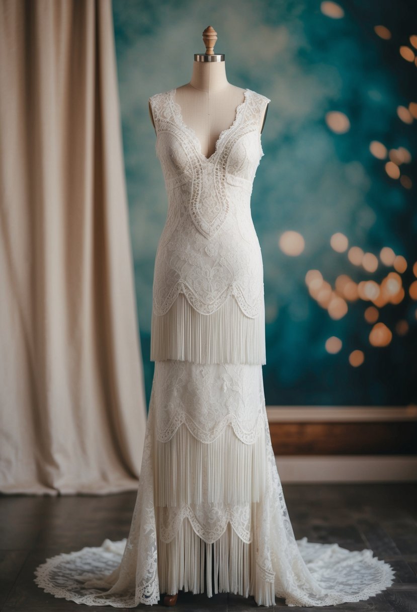 A flowing lace wedding dress with fringe details, inspired by 1930s fashion, set against a vintage backdrop with soft lighting