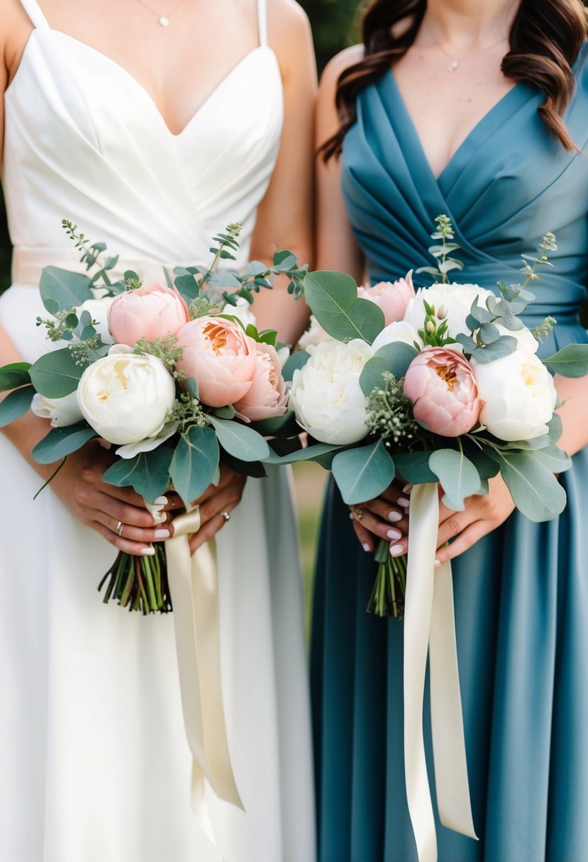 A bride and bridesmaid hold matching bouquets of white roses, blush peonies, and eucalyptus, tied with satin ribbons