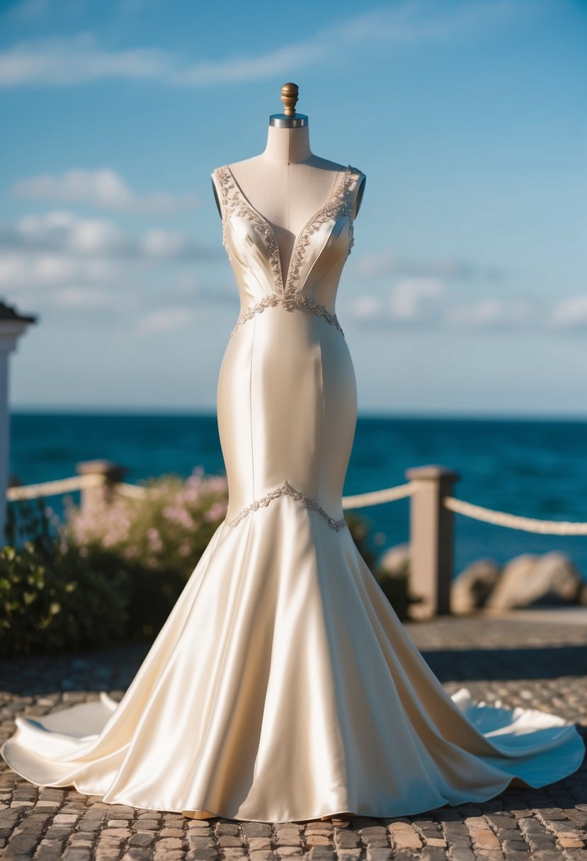 A mermaid-style wedding dress in champagne satin, with 1930s-inspired details, set against a romantic seaside backdrop