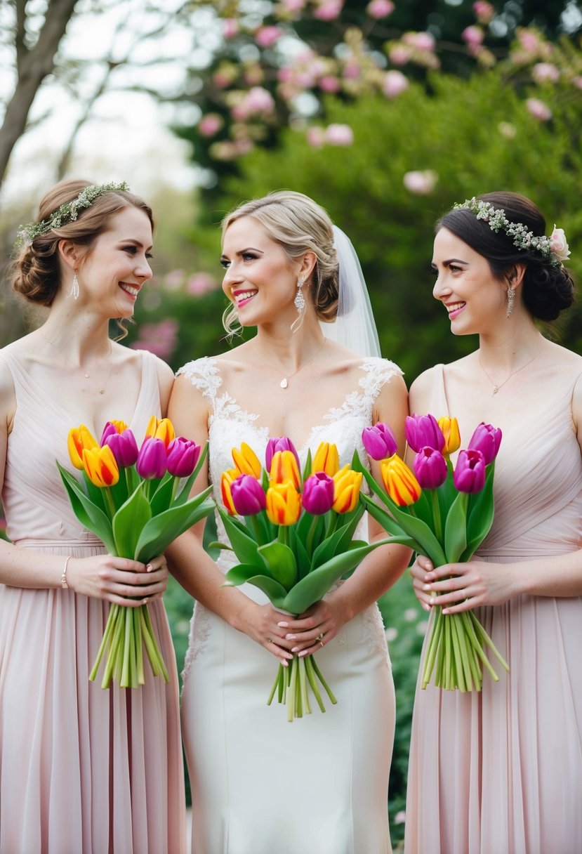 A bride and her bridesmaid holding vibrant tulip bouquets, surrounded by delicate greenery and soft pastel florals