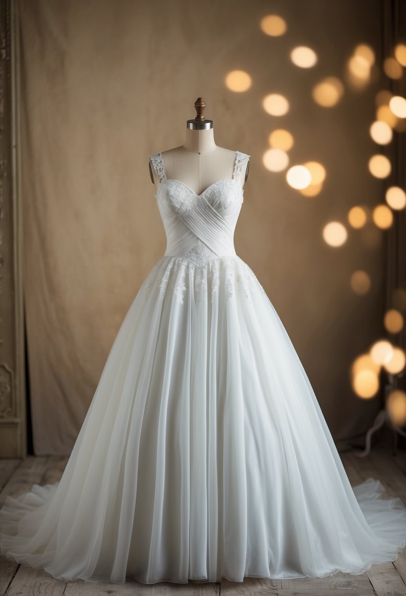 A 1930s-style ball gown with a sweetheart neckline, featuring delicate lace and flowing fabric, set against a vintage backdrop with soft lighting