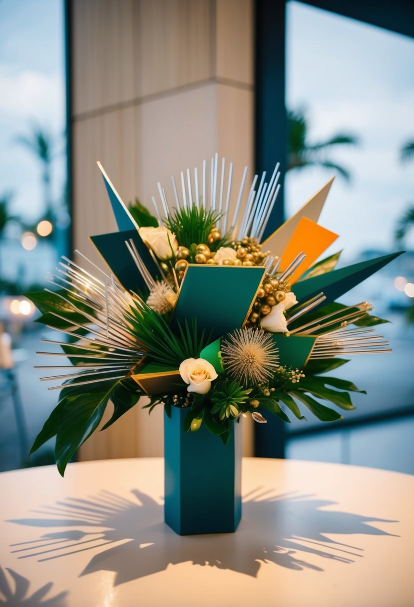 A modern geometric bouquet with clean lines and bold shapes, accented with vibrant colors and metallic elements