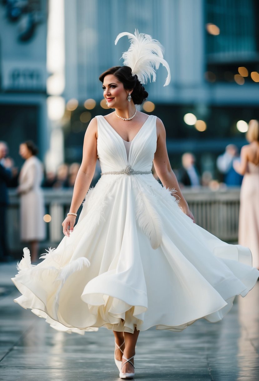 A bride twirls in a 1930s-inspired drop-waist wedding dress adorned with delicate feather accents