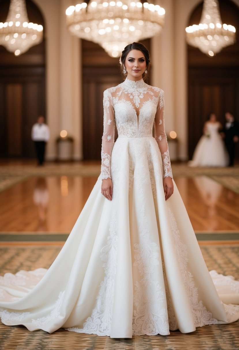 A bride stands in a grand ballroom wearing a high-necked, lace-covered wedding gown with intricate embroidery and a flowing, floor-length skirt