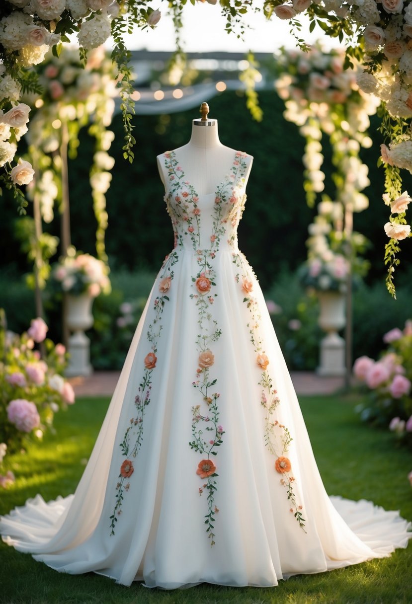 A vintage-inspired wedding dress adorned with whimsical floral appliques set in a lush garden with cascading blooms and romantic lighting