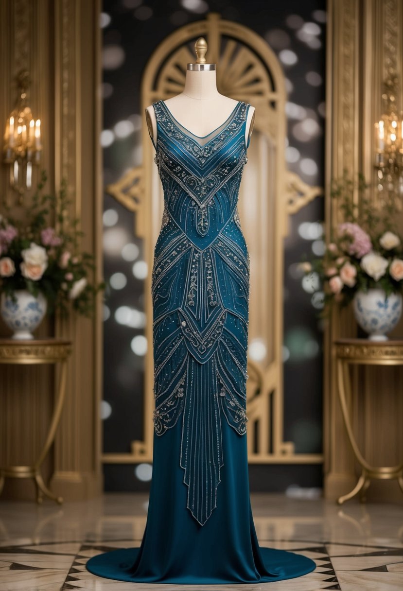 A glamorous 1930s-style sheath dress adorned with intricate beading and art deco patterns, set against a backdrop of opulent vintage decor