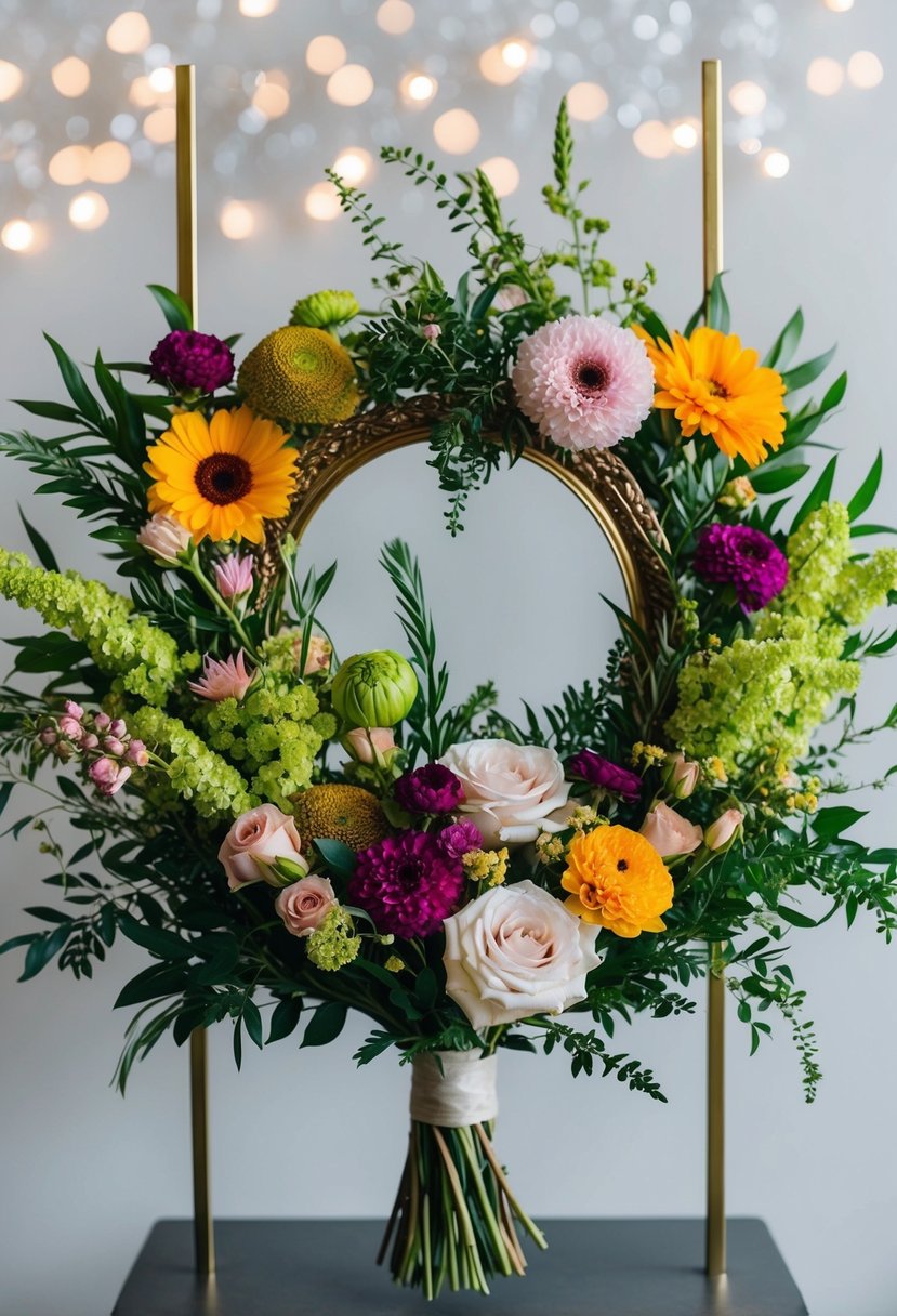 A collection of colorful flowers and greenery arranged in a decorative frame for wedding bouquet ideas