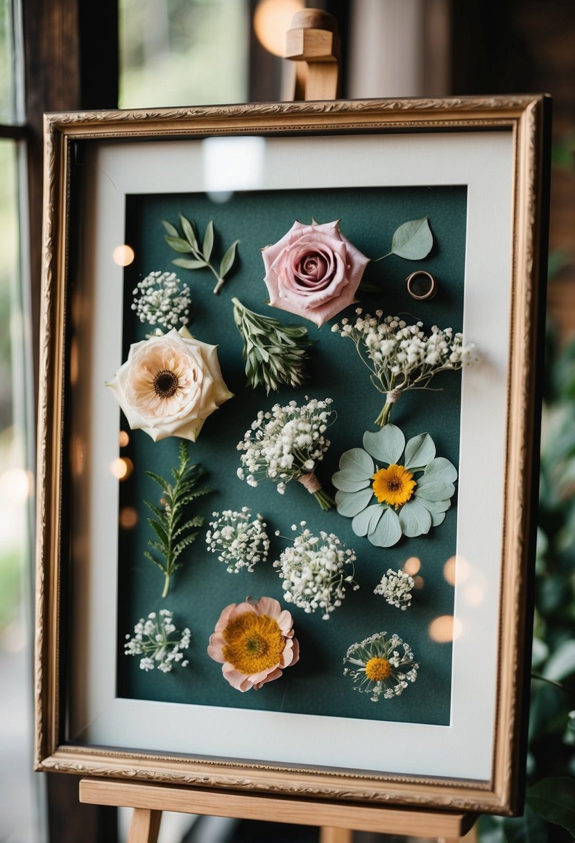 A vintage-style frame holds a collection of pressed blooms, including roses, baby's breath, and greenery, creating a romantic and nostalgic wedding bouquet display