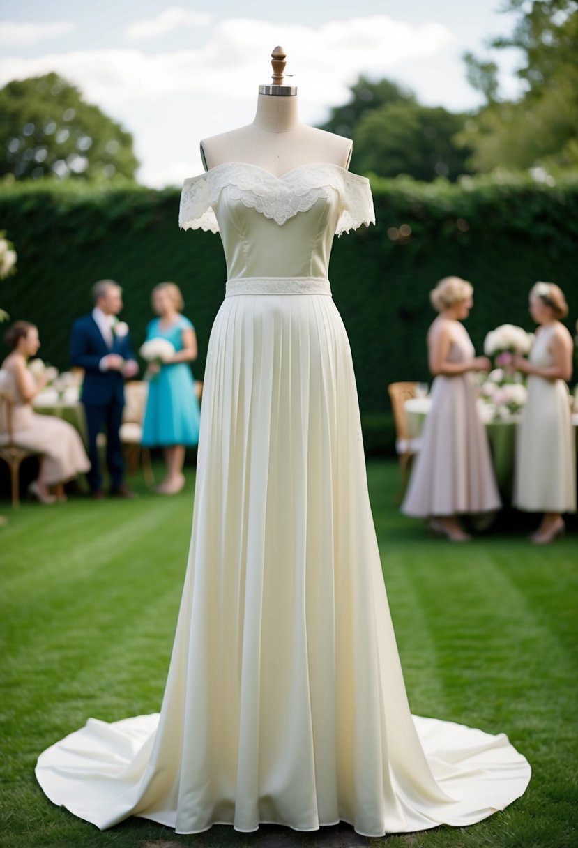 A vintage-inspired off-shoulder taffeta wedding dress with a flowing skirt and delicate lace details, set against a backdrop of a 1930s-style garden party