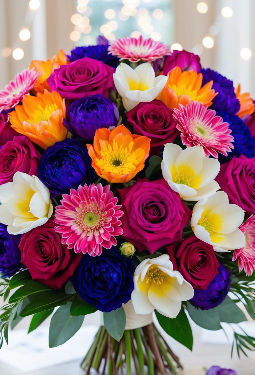 A vibrant wedding bouquet with color-coordinated petal patterns arranged in a beautiful and elegant frame