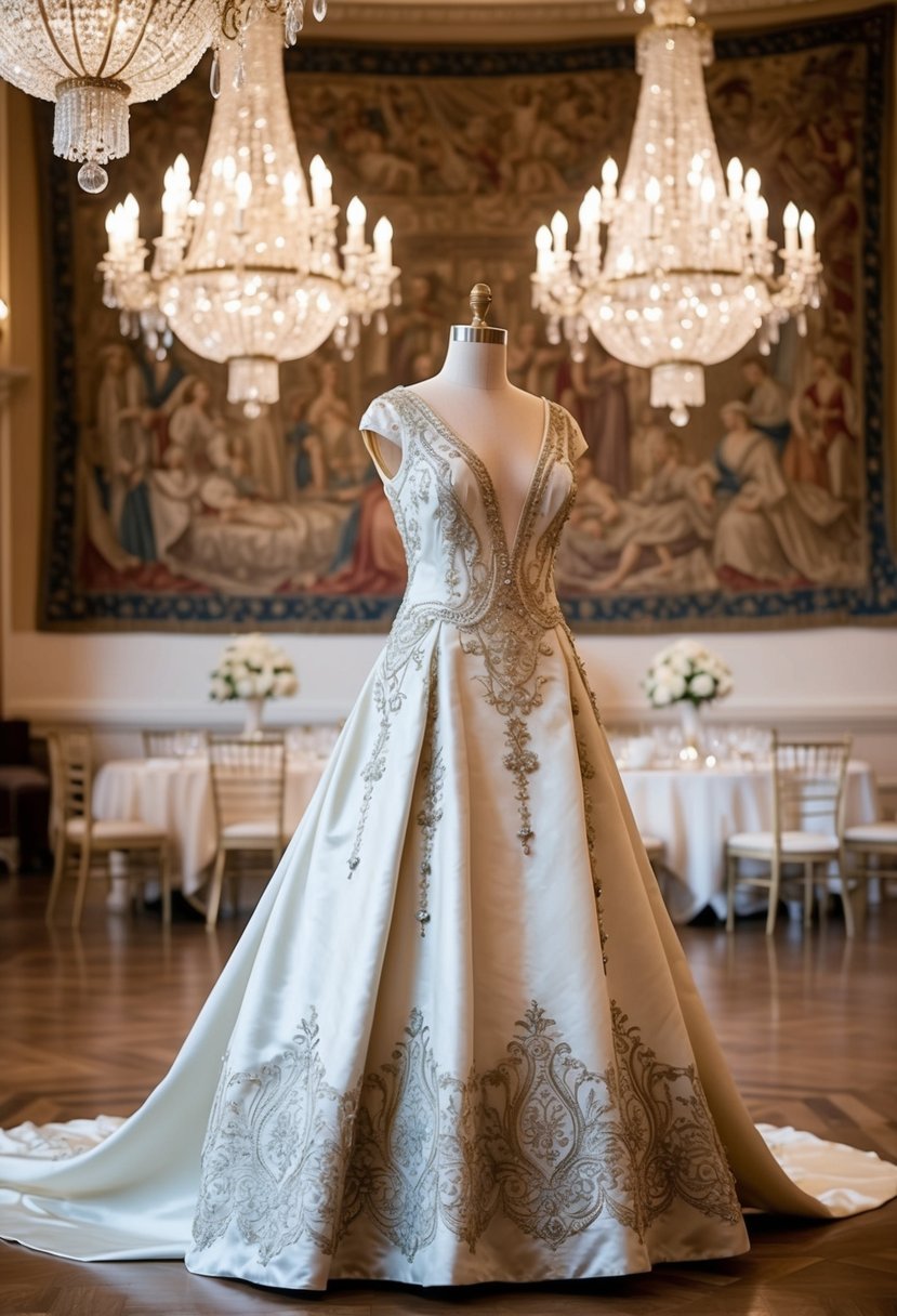 A grand ballroom with ornate tapestries and chandeliers, showcasing a 1930s style wedding dress made of luxurious silk brocade with intricate Renaissance-inspired details