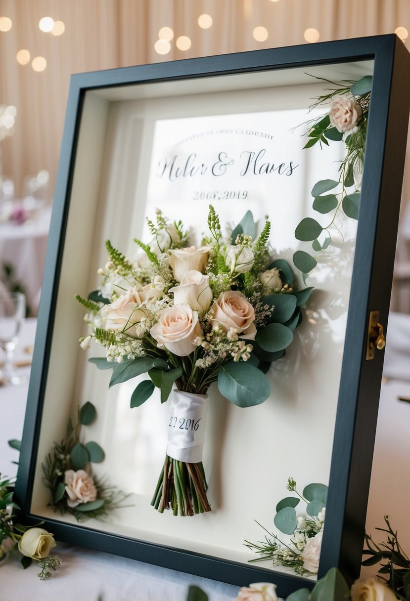 A shadowbox displays a preserved wedding bouquet with the couple's wedding date, surrounded by delicate floral and greenery arrangements