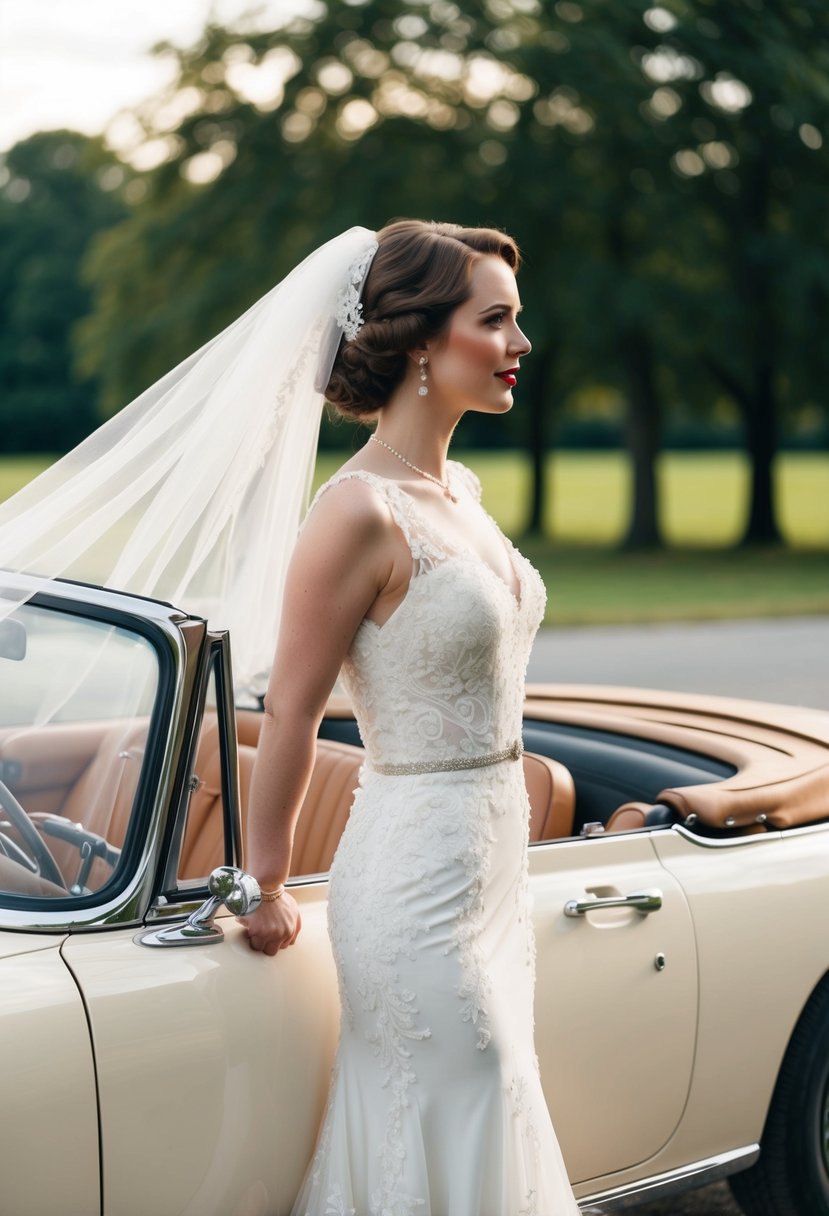 A bride in a 1930s-style wedding dress stands in a convertible car, with a flowing veil and intricate lace details on the dress