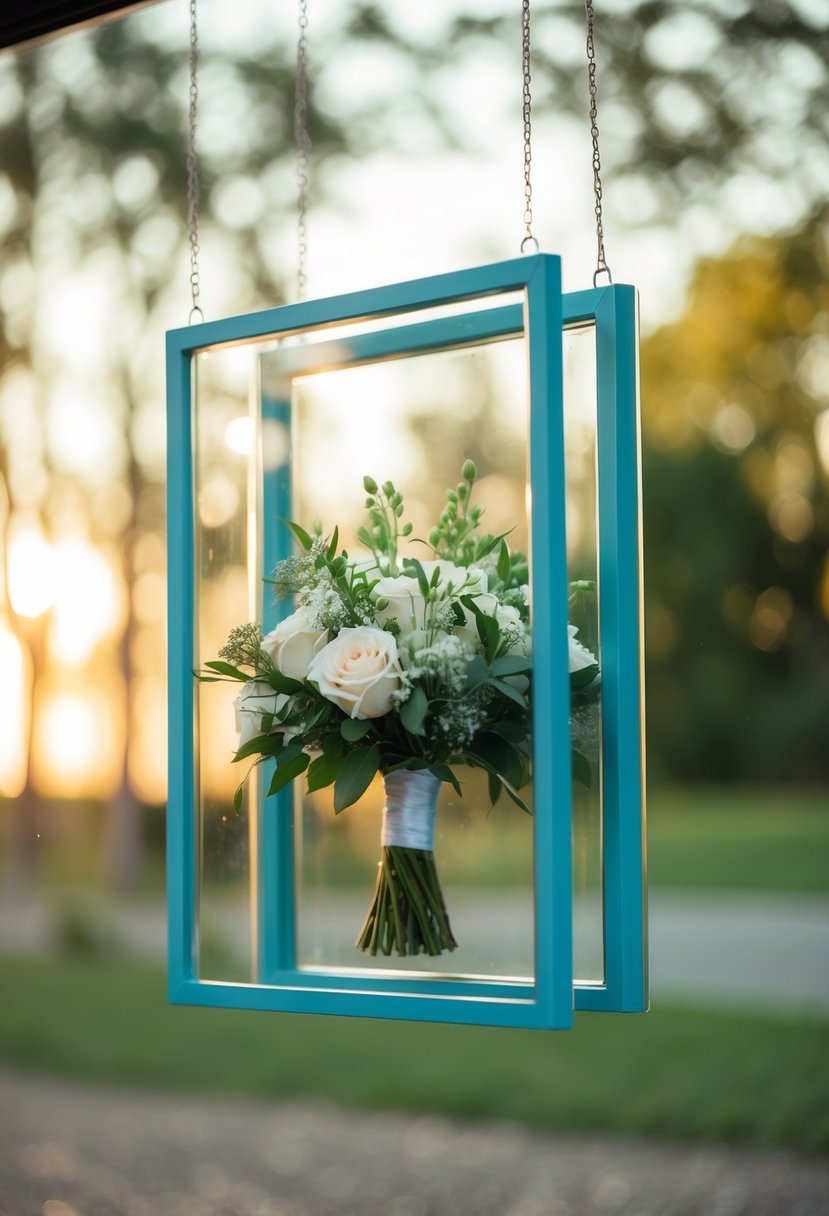 A floating frame encases a wedding bouquet between two layers of glass