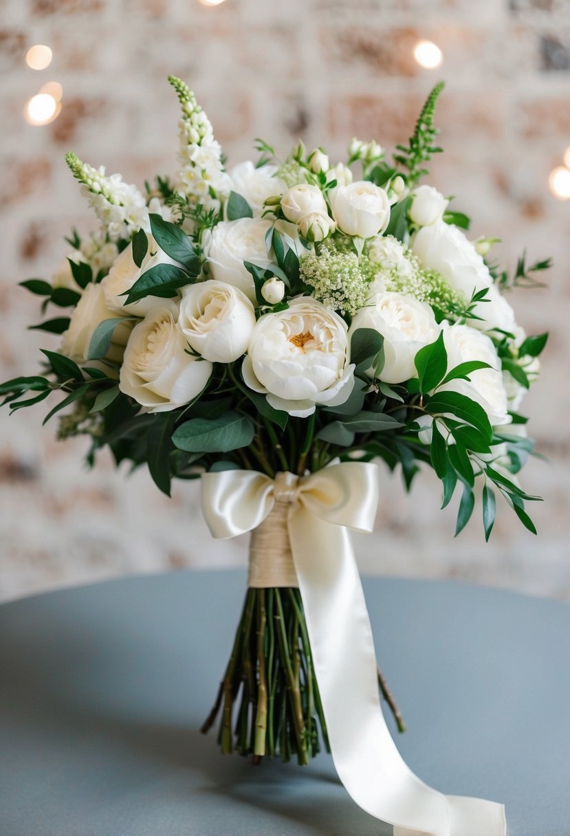 A vintage bridal bouquet with cascading white roses, peonies, and greenery, tied with a satin ribbon