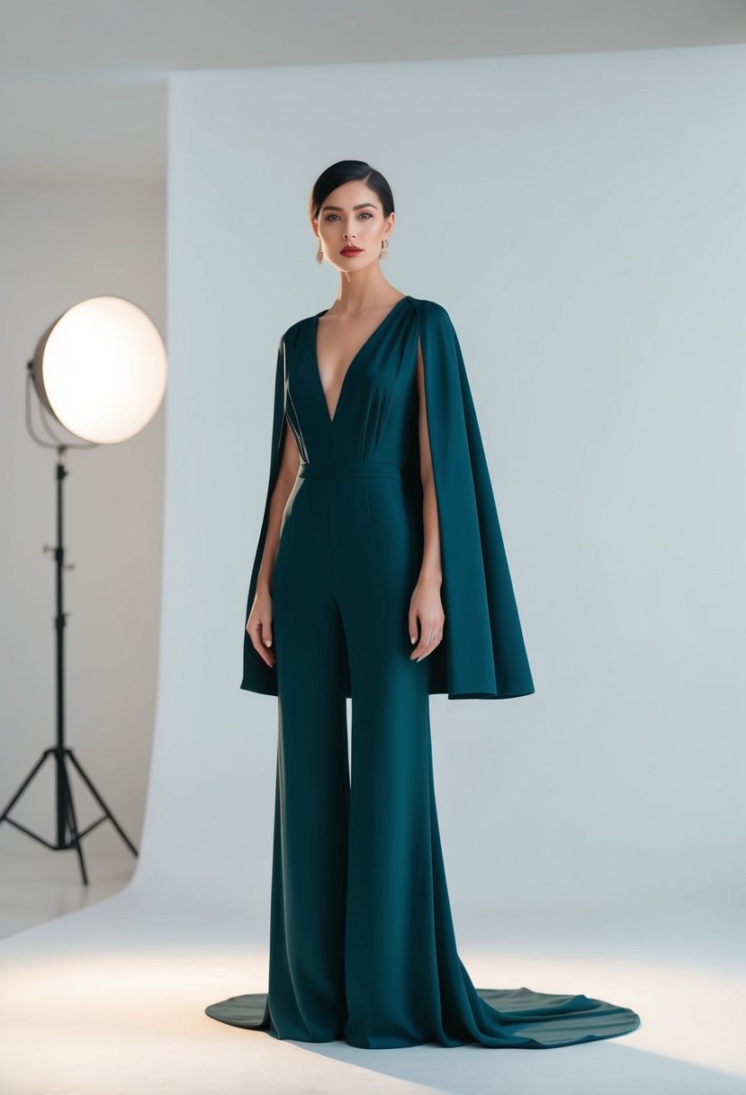 A sleek, floor-length jumpsuit with a flowing cape overlay, inspired by 1930s fashion, set against a minimalist backdrop with soft lighting