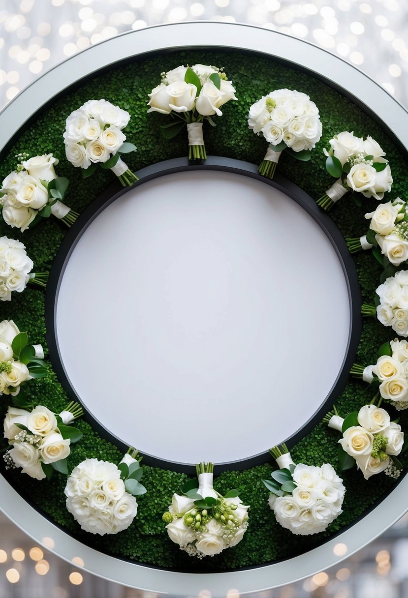 A modern circular frame surrounds a collection of wedding bouquet ideas, each carefully arranged and displayed within the frame