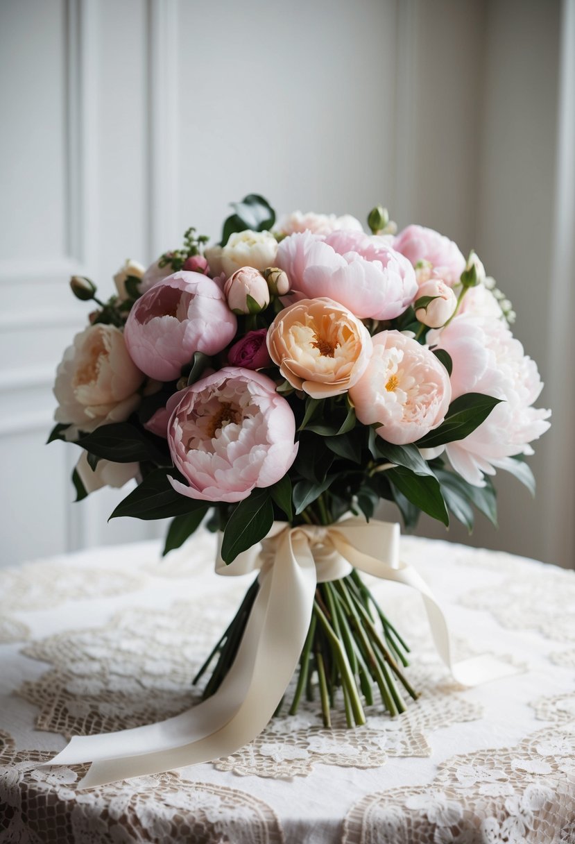 A lush bouquet of peonies and roses in soft pastel colors, tied with a satin ribbon, sits on a vintage lace tablecloth