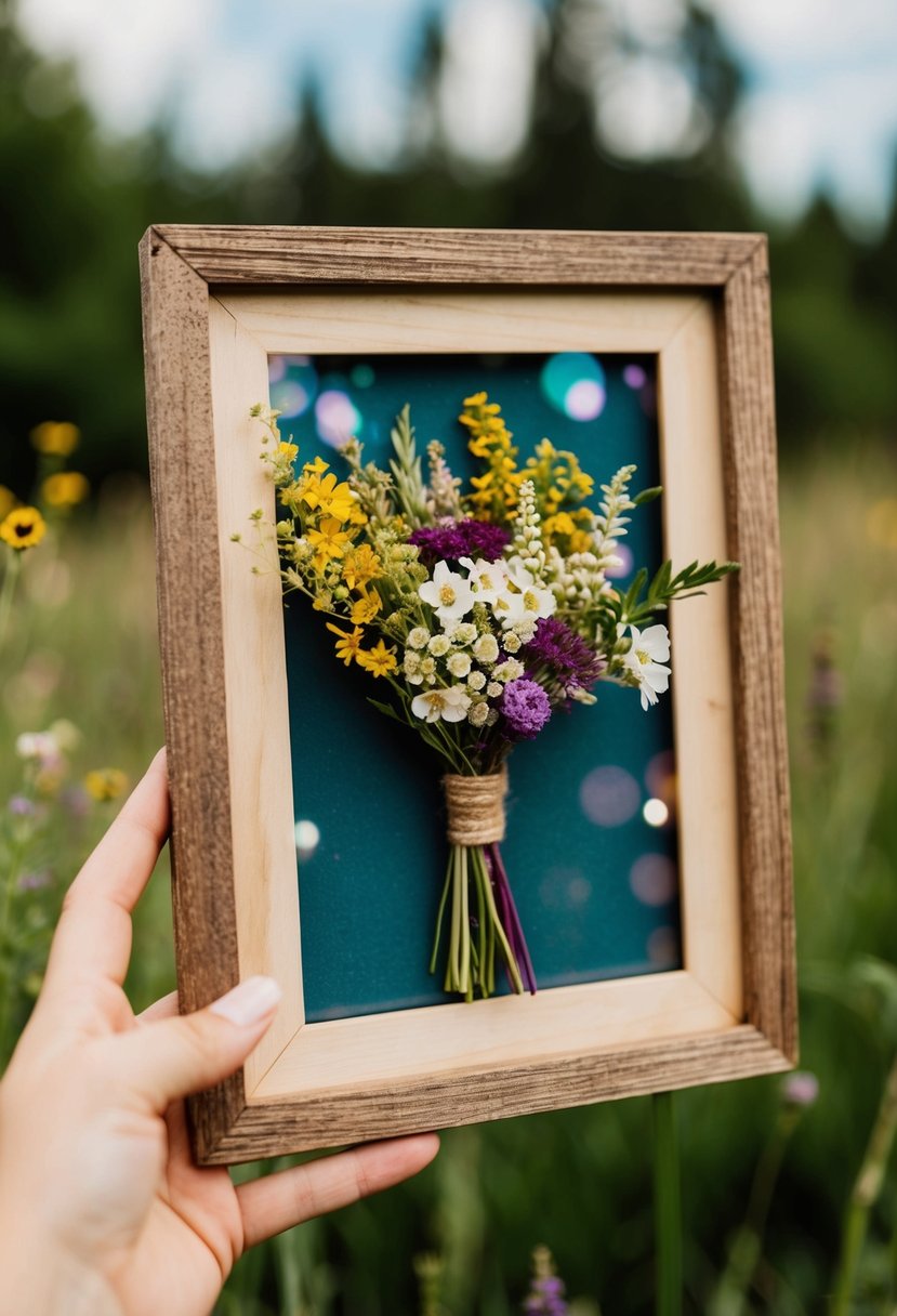 A rustic wood frame holds a bouquet of pressed wildflowers, creating a charming and nostalgic wedding keepsake