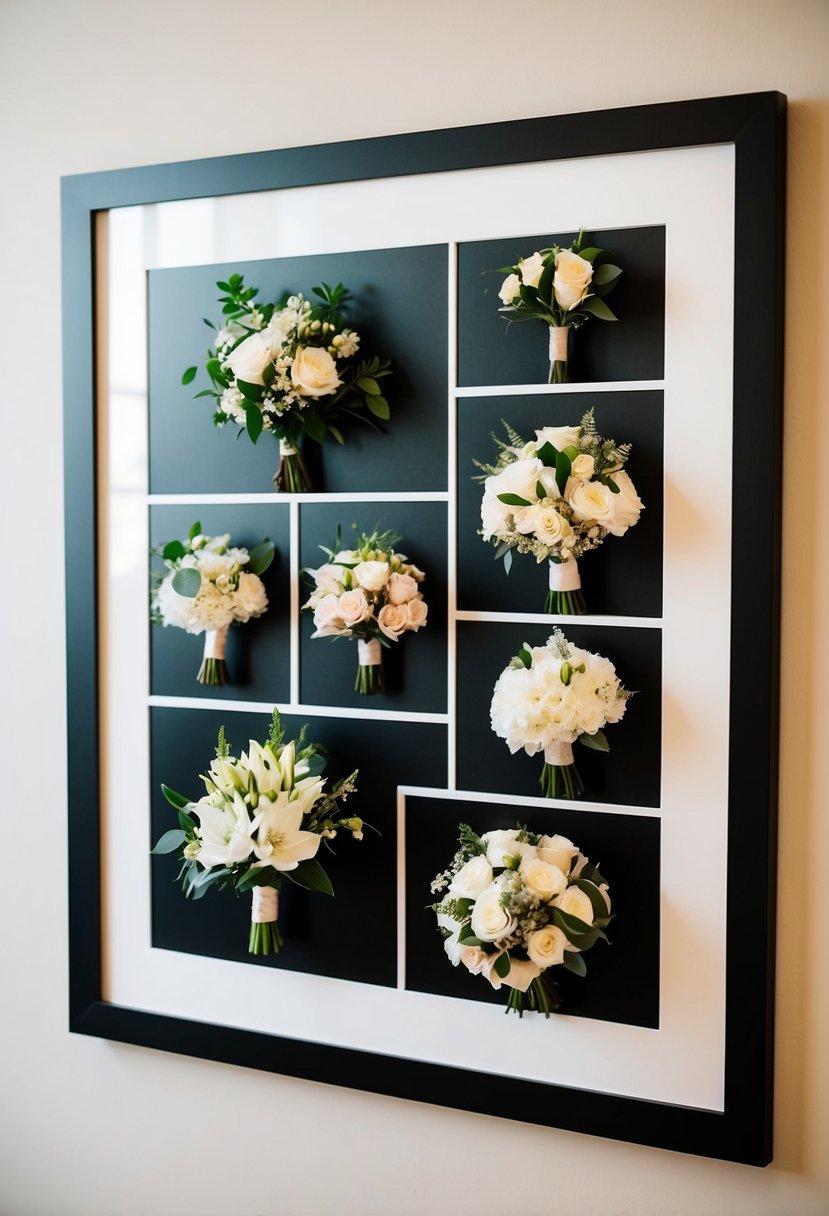 A simple black frame with white matting showcasing various wedding bouquet ideas