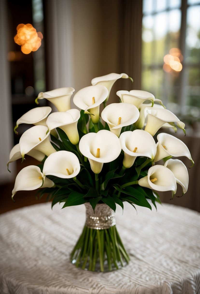 A white calla lily bouquet arranged in an elegant 1920s style