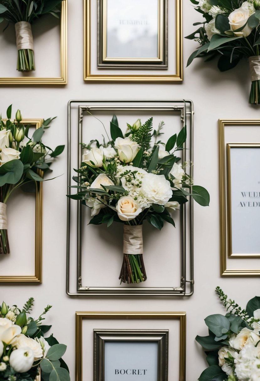 A collection of metallic frames displaying various wedding bouquet arrangements