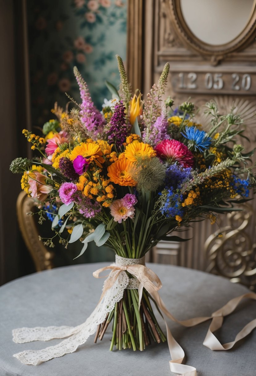 A rustic, bohemian wildflower bouquet with pops of vibrant colors, tied with lace and ribbons, set against a backdrop of vintage 1920s-inspired decor