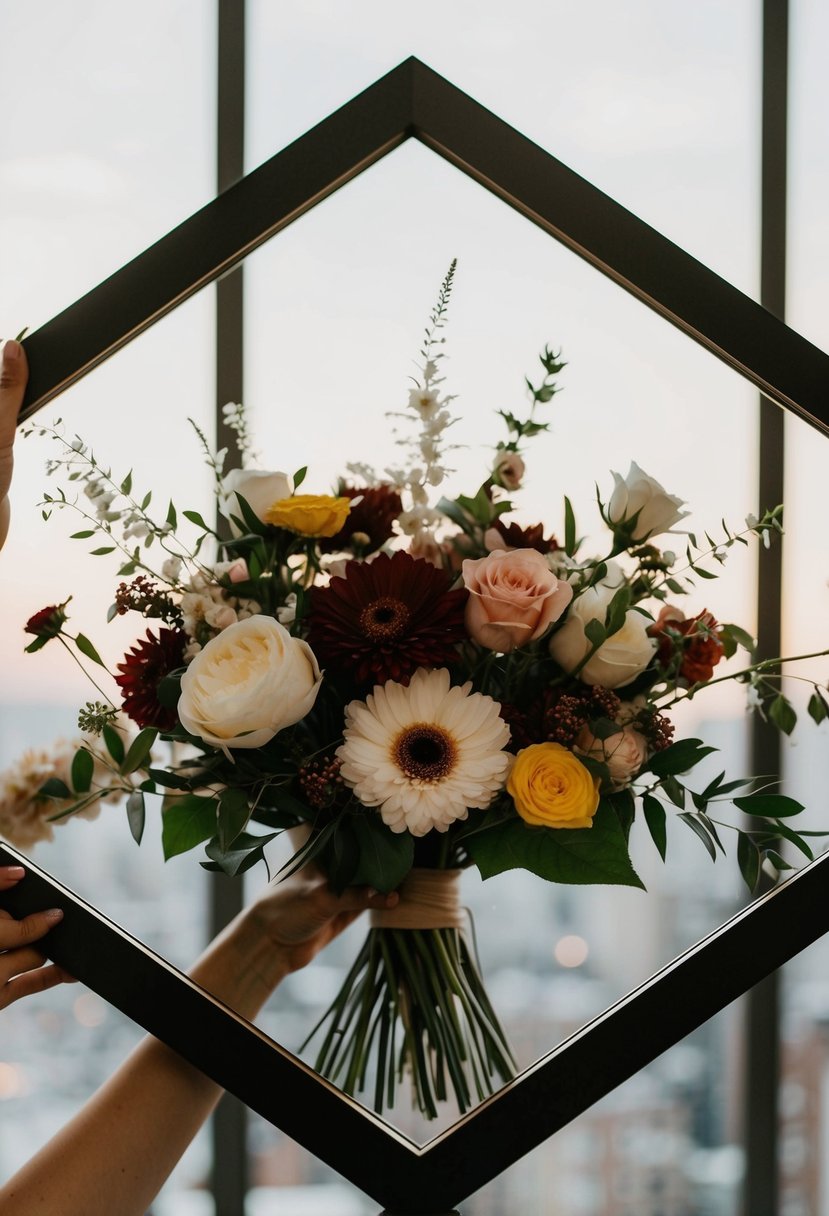 A hexagonal frame holds a geometric flower arrangement, perfect for wedding bouquet inspiration