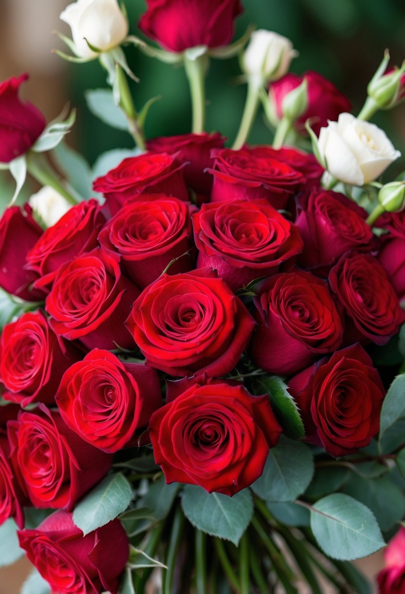 A cluster of classic red roses arranged in a 1920s bridal bouquet style