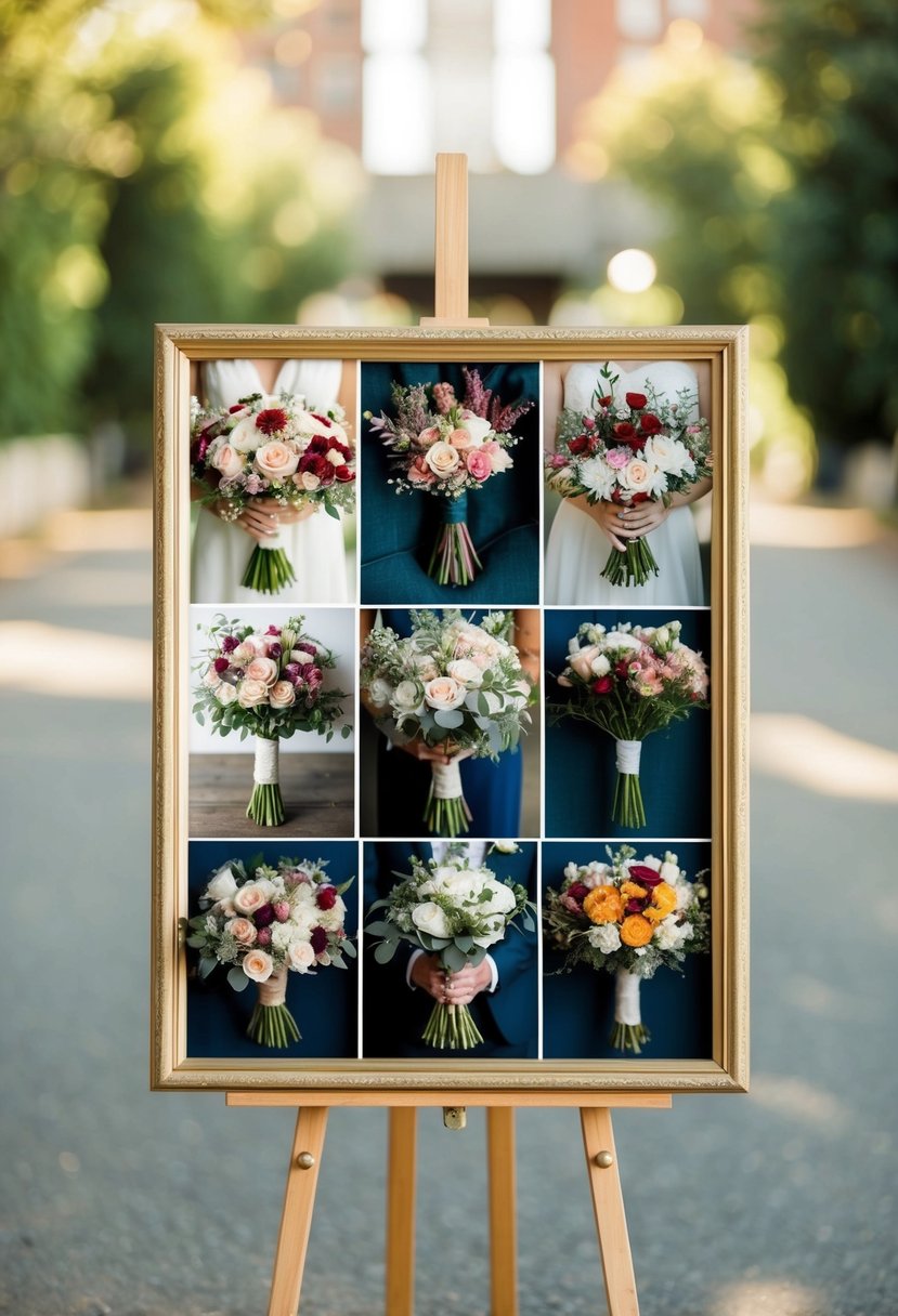 A multi-section frame holds a floral collage of various wedding bouquet ideas