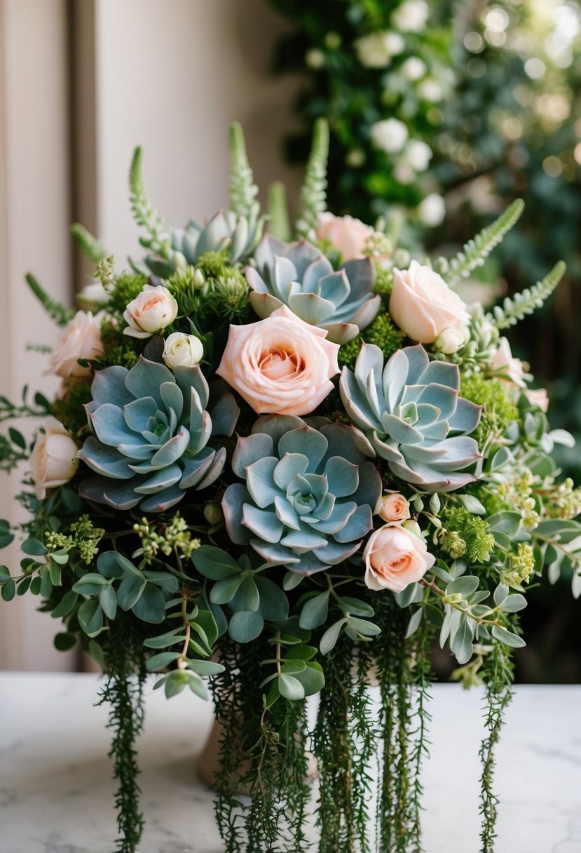 A lush bouquet of succulents and roses in a vintage-inspired arrangement, with cascading greenery and delicate blooms