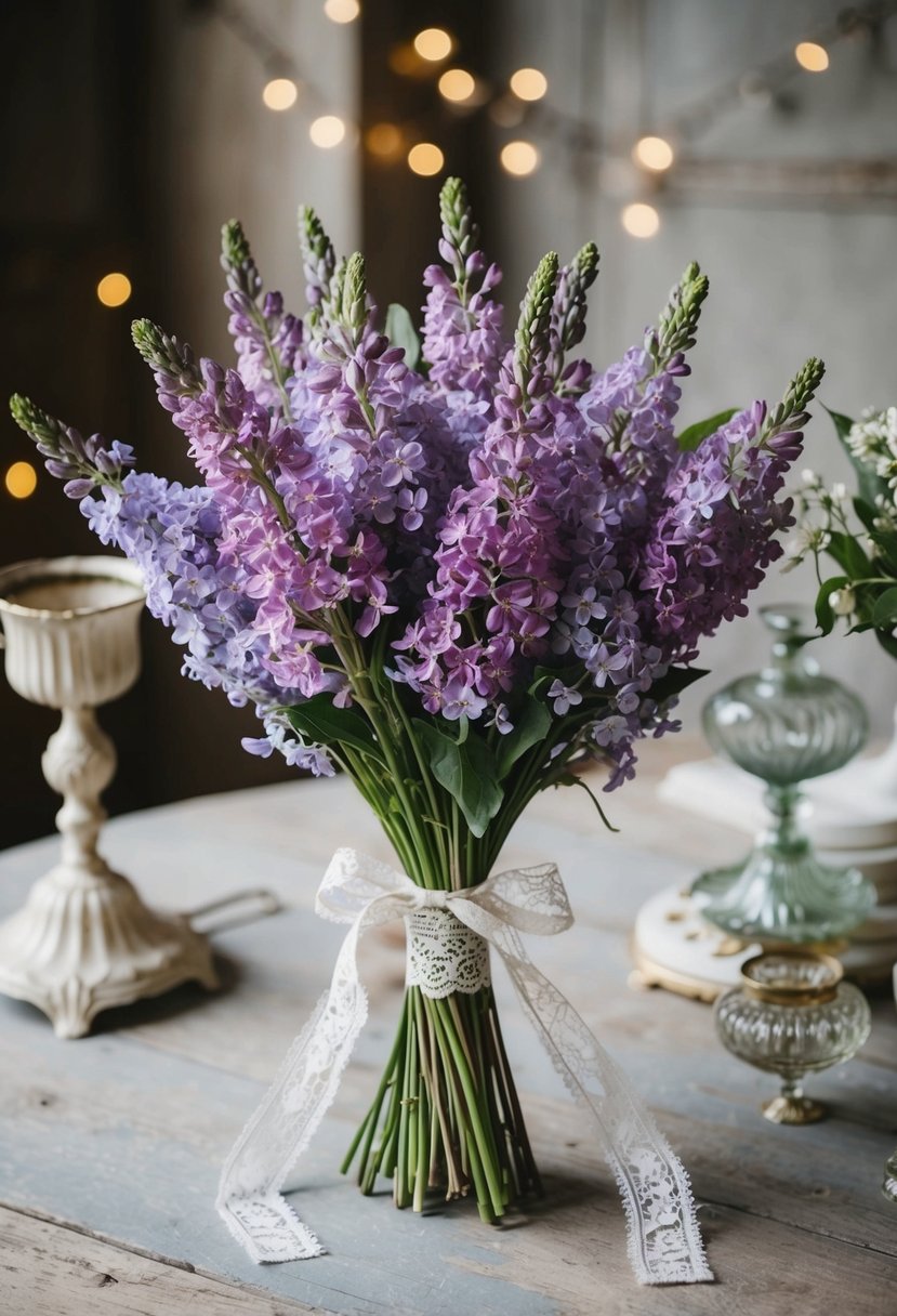 A delicate bunch of vintage lilac and lavender flowers, tied with a lace ribbon, sits on a weathered wooden table, surrounded by antique wedding decor