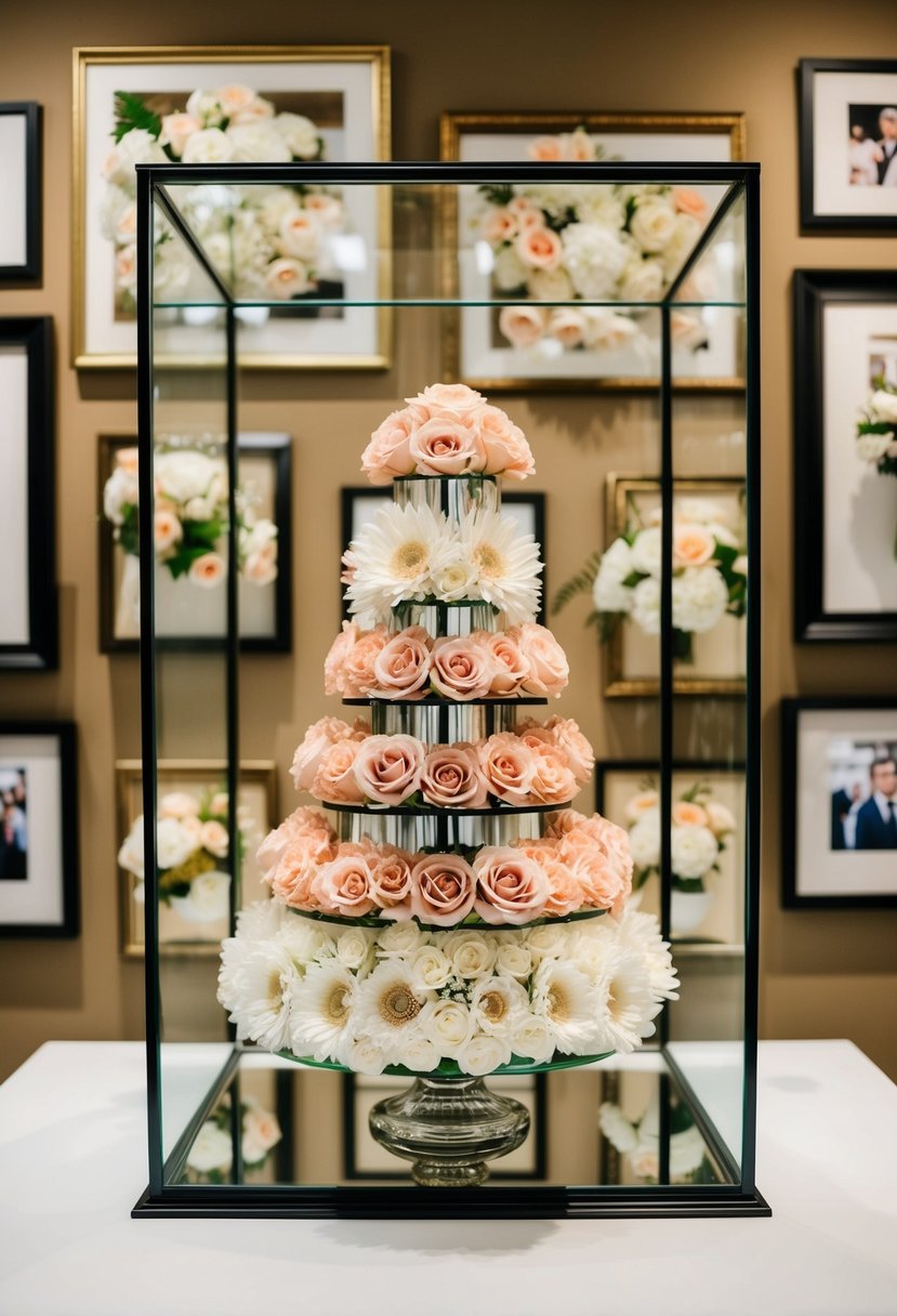 A glass display case holds a layered 3D flower arrangement, surrounded by framed wedding bouquet ideas