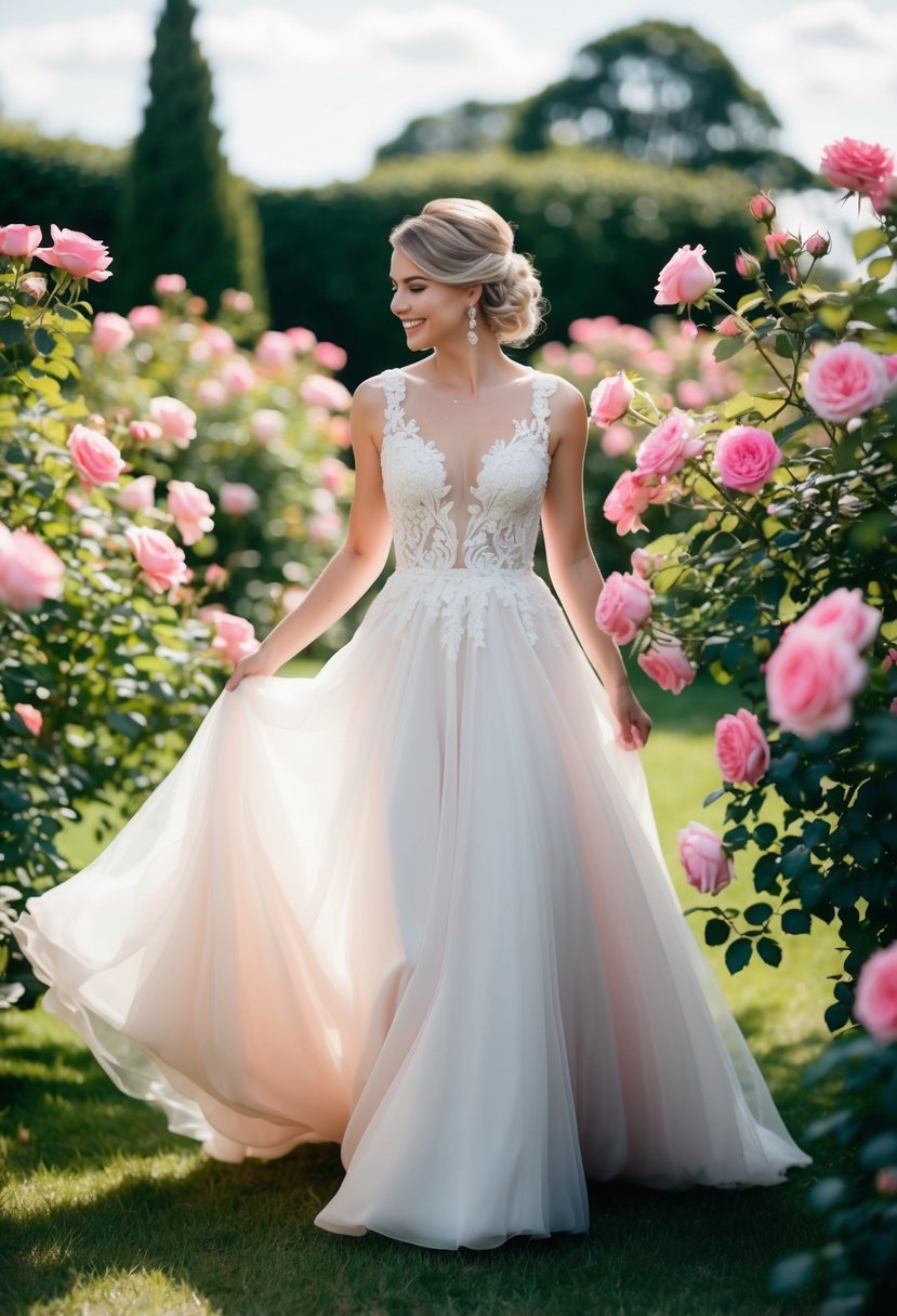 A bride twirls in a garden of pink roses, her flowing dress matching the vibrant blooms