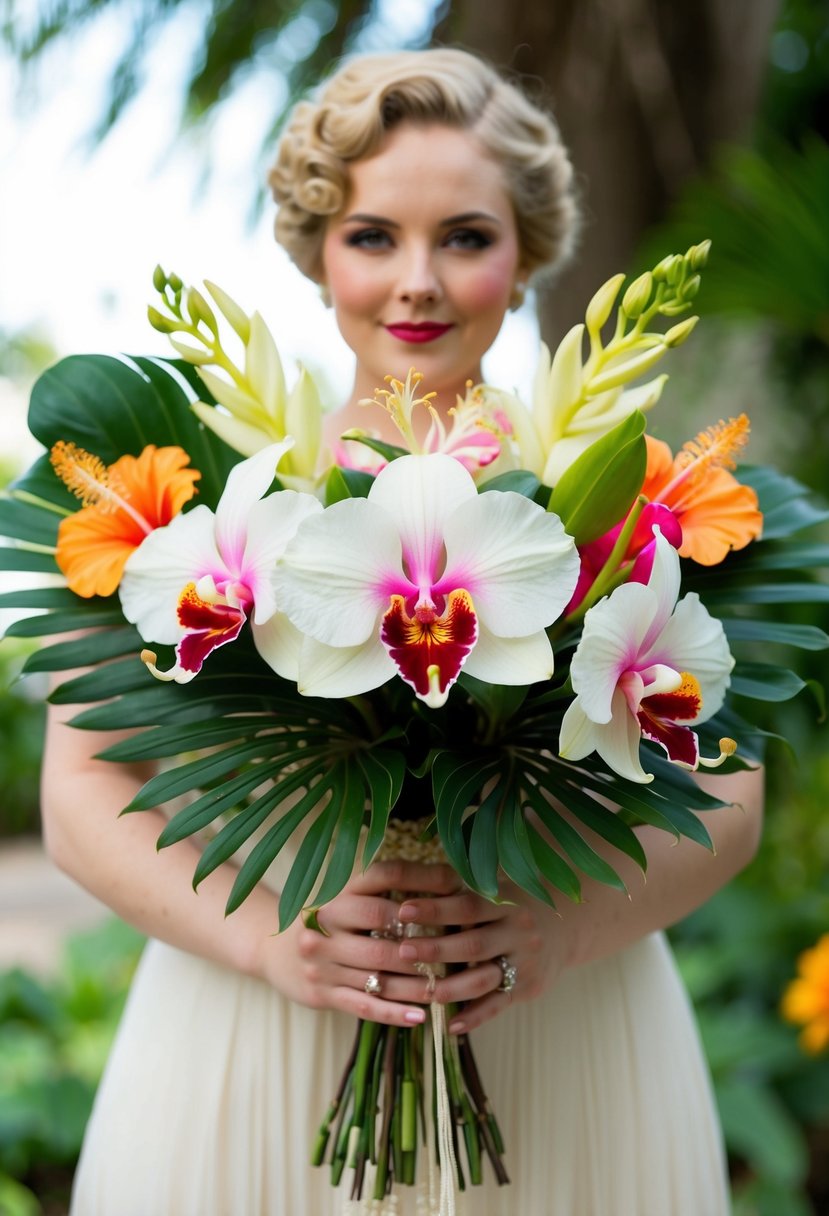 A lush arrangement of tropical orchids and hibiscus blooms in a 1920s bridal bouquet