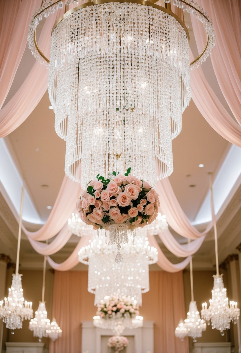 A grand ballroom with cascading crystal chandeliers, adorned with blush pink roses and draped in luxurious fabrics